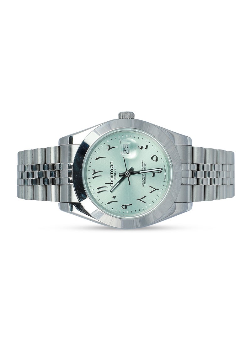 Men's Silver Stainless Steel Wrist Watch with Mint Green Dial and Arabic Numbers