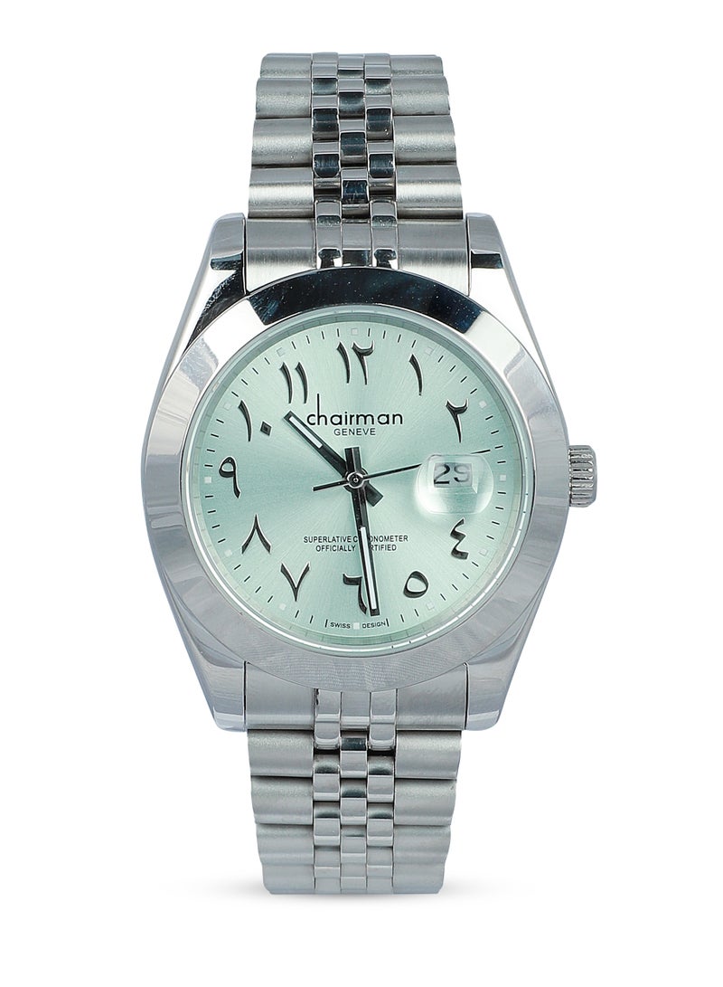 Men's Silver Stainless Steel Wrist Watch with Mint Green Dial and Arabic Numbers