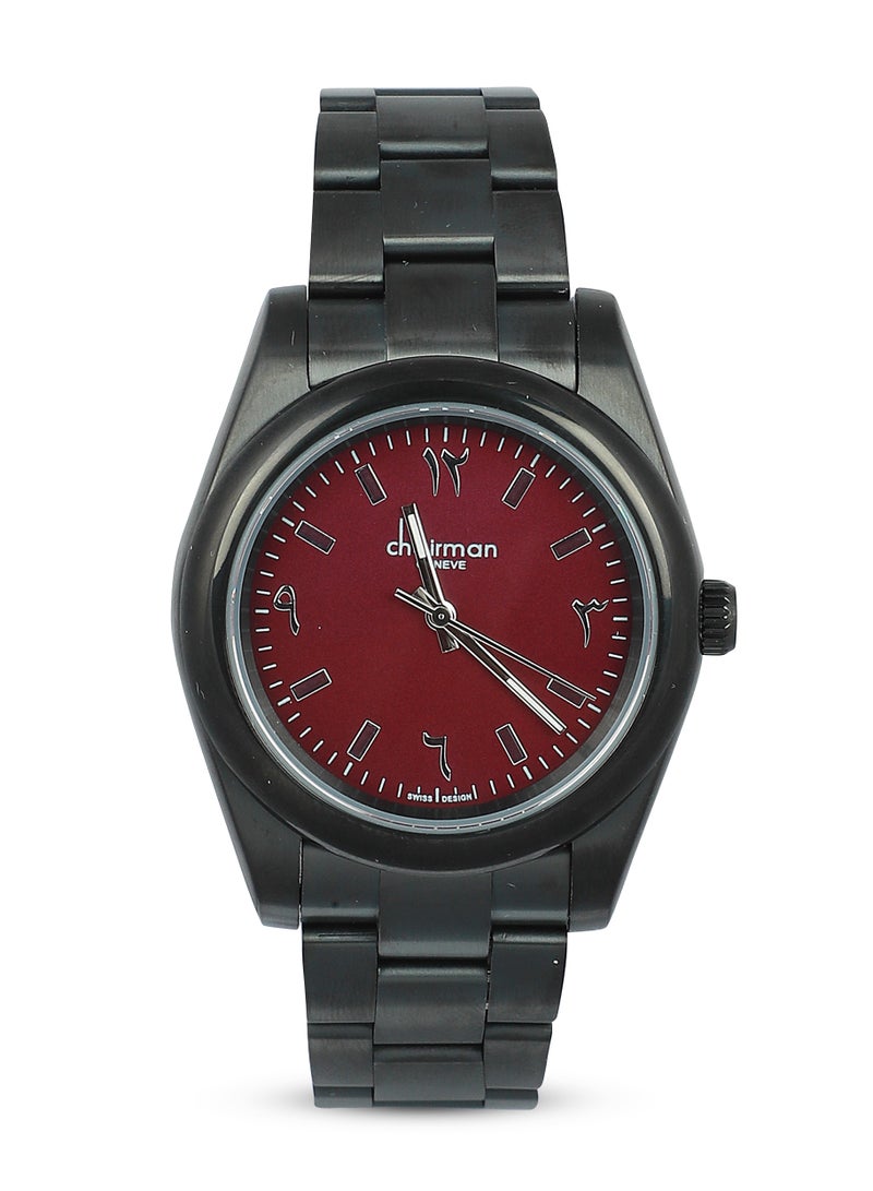 Men's Stainless Steel Black Wrist Watch with Red Dial and Arabic Numbers