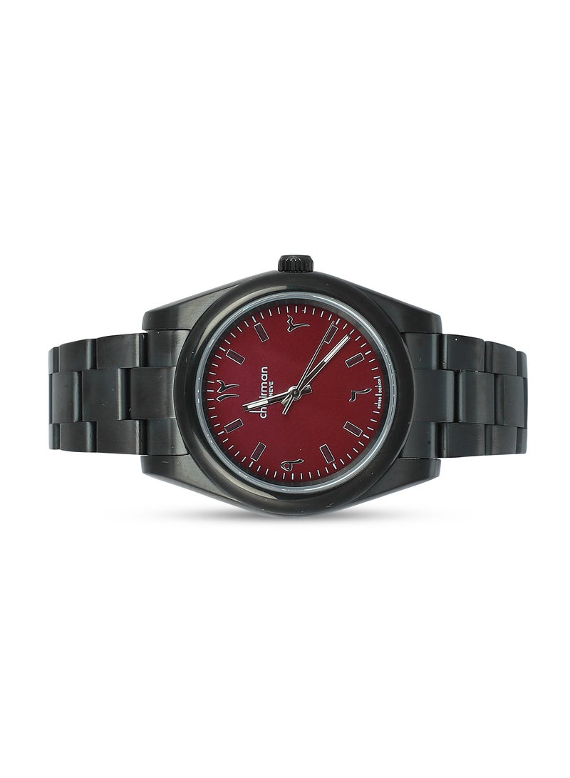 Men's Stainless Steel Black Wrist Watch with Red Dial and Arabic Numbers