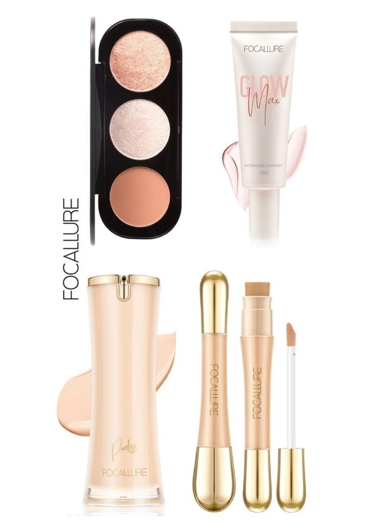 Set of Glowmax Hydrating Primer + Concealer with High Cover Brush Soft Matte Complete Concealer + Perfect Base Lasting Poreless Liquid Foundation-01 Ivory + Focallure Blush & Highlighter Palette #3