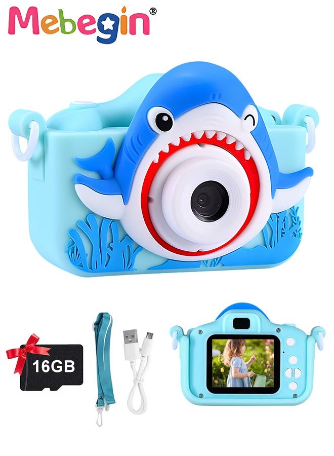 Shark Shape Kids Toy Camera for Kids 1080P HD Toddler Digital Video Camera with 16G SD Card,Portable HD 48 Million Pixels Kids Selfie Camera Perfect Birthday Gifts Blue