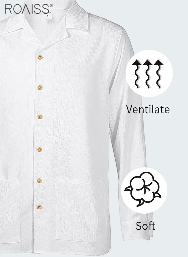 Mens Button Up Shirts Long Sleeve Linen Beach Casual Cotton Summer Lightweight Tops