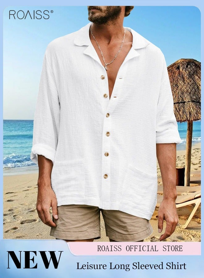 Mens Button Up Shirts Long Sleeve Linen Beach Casual Cotton Summer Lightweight Tops
