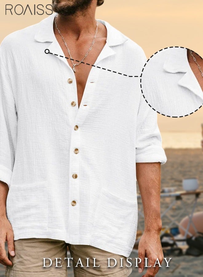 Mens Button Up Shirts Long Sleeve Linen Beach Casual Cotton Summer Lightweight Tops