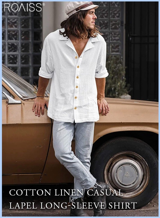 Mens Button Up Shirts Long Sleeve Linen Beach Casual Cotton Summer Lightweight Tops