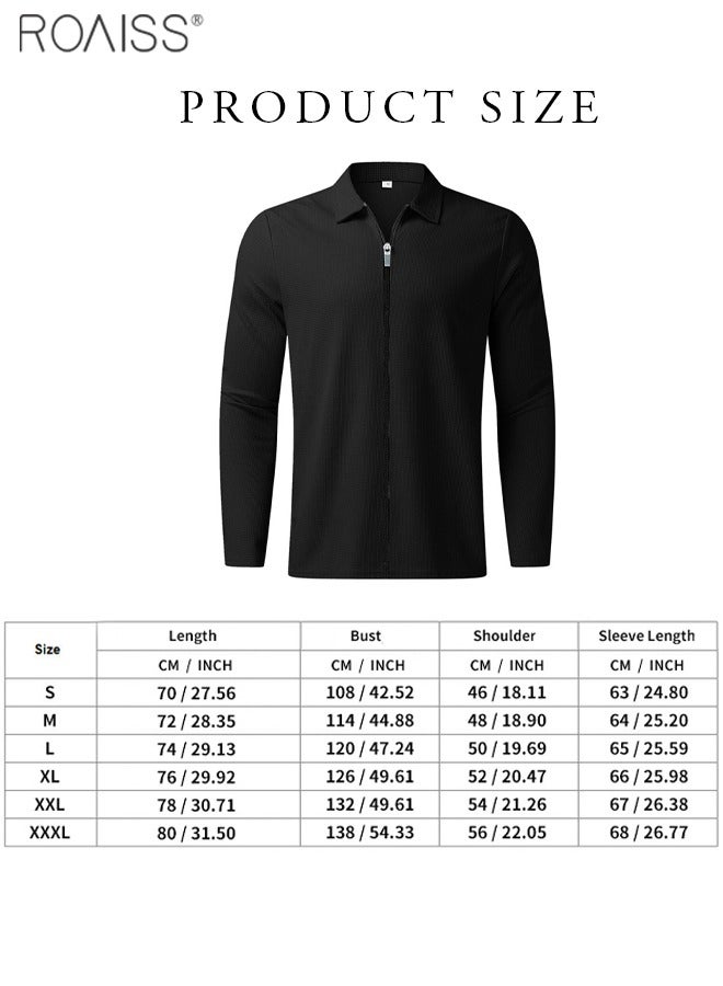 Mens Zip Lapel Sports Jacket Casual Solid Long Sleeve Muscle Jackets Workout Winter Spring Athletic Plain Coat Outdoor Activities Outerwear Black