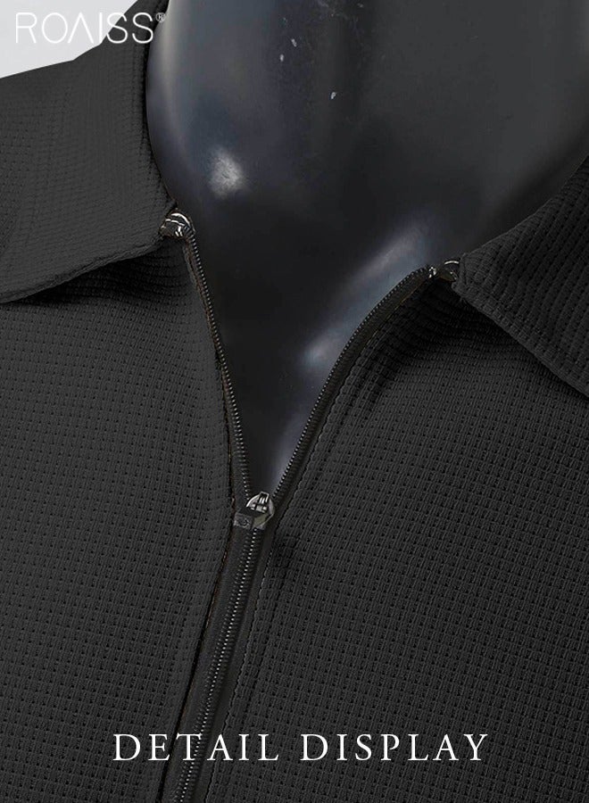 Mens Zip Lapel Sports Jacket Casual Solid Long Sleeve Muscle Jackets Workout Winter Spring Athletic Plain Coat Outdoor Activities Outerwear Black