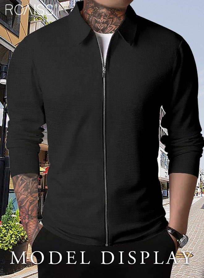 Mens Zip Lapel Sports Jacket Casual Solid Long Sleeve Muscle Jackets Workout Winter Spring Athletic Plain Coat Outdoor Activities Outerwear Black