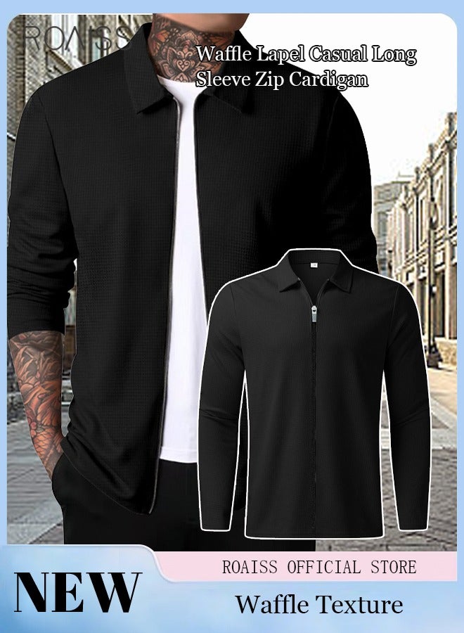 Men's Casual Zipper Open Close Coat Waffle Classic Polo Long Sleeve Cardigan Fashion Versatile Jacket