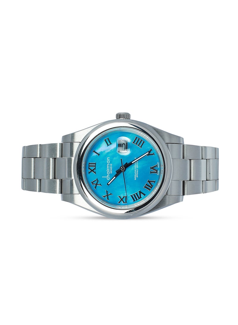 Men's Stainless Steel Silver Wrist Watch with Light Blue Dial and Date