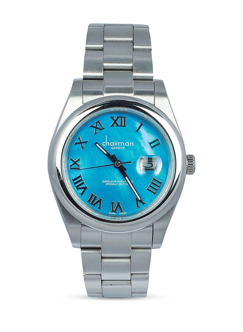 Men's Stainless Steel Silver Wrist Watch with Light Blue Dial and Date