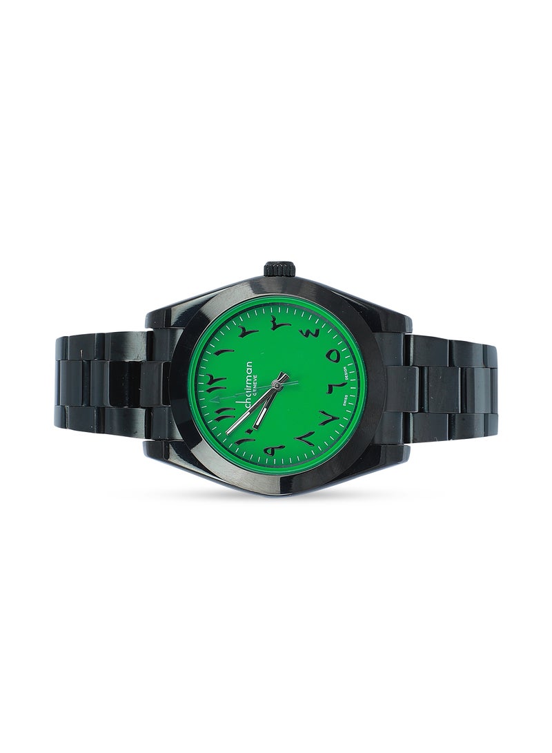 Men's Stainless Steel Black Wrist Watch with Green Dial and Arabic Numbers