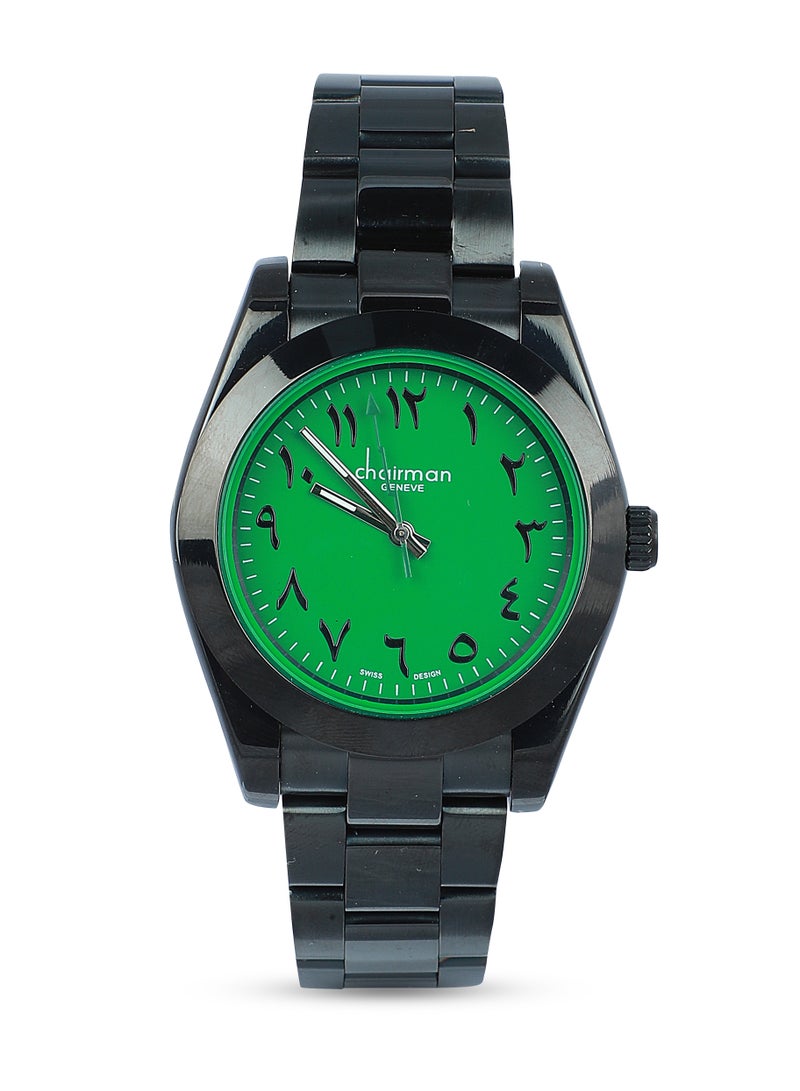 Men's Stainless Steel Black Wrist Watch with Green Dial and Arabic Numbers