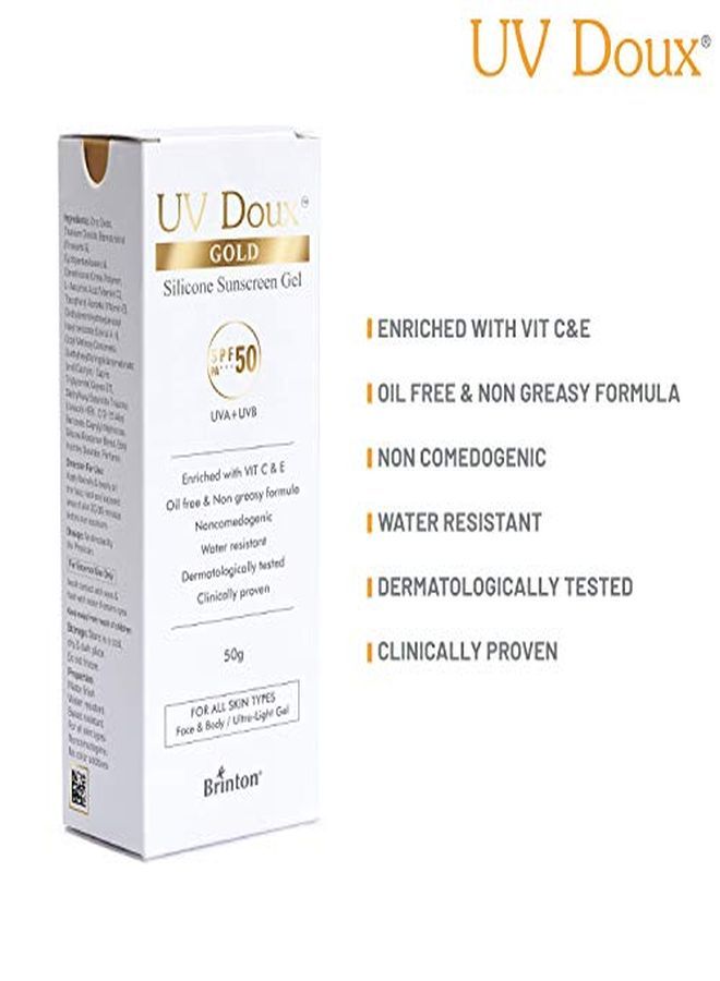 Uv Doux Gold Silicone Sunscreen Gel Spf 50 Pa+++ Uva/Uvb With Broad Spectrum Water Resistant Best Spf Sunscreen For Women 50 G