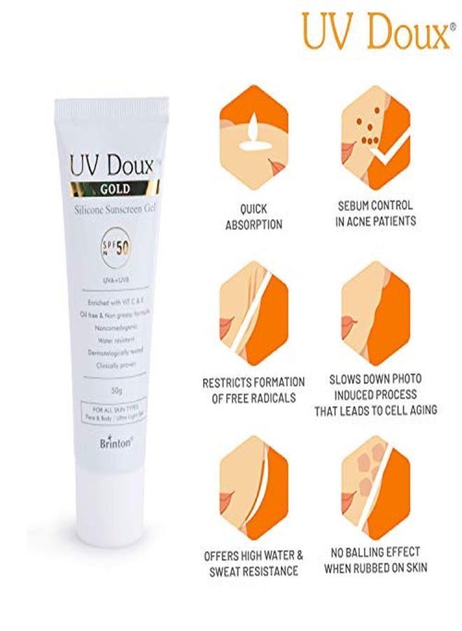 Uv Doux Gold Silicone Sunscreen Gel Spf 50 Pa+++ Uva/Uvb With Broad Spectrum Water Resistant Best Spf Sunscreen For Women 50 G