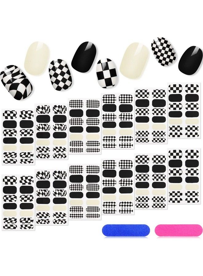 Checkered Nail Strips Pure Color Nail Stickers Art Solid Full Nail Wraps Self Adhesive Nail Polish Strips On Plaid Nail Gel With 2 Nail Files (Simple Colors12 Sheets)