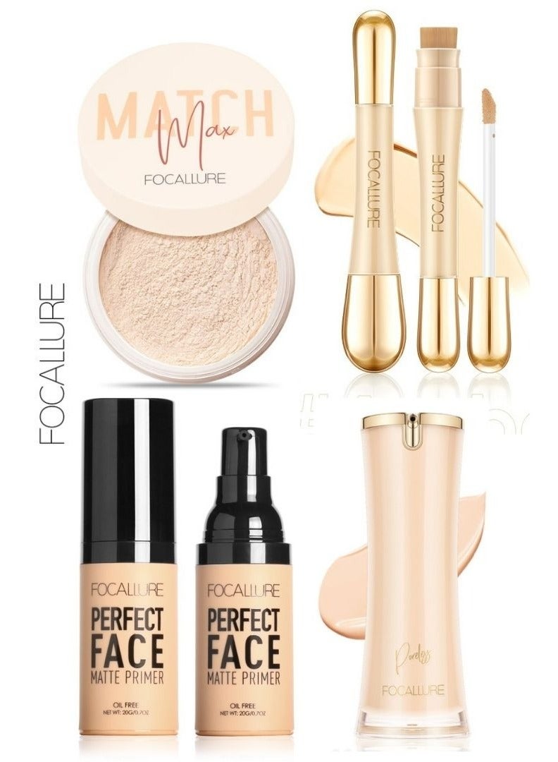 Set of Perfect Face Matte Primer + Concealer with High Cover Brush Soft Matte Complete Concealer -#1 + Perfect Base Lasting Poreless Liquid Foundation-01 Ivory + Baking & Setting Powder #02 Ivory