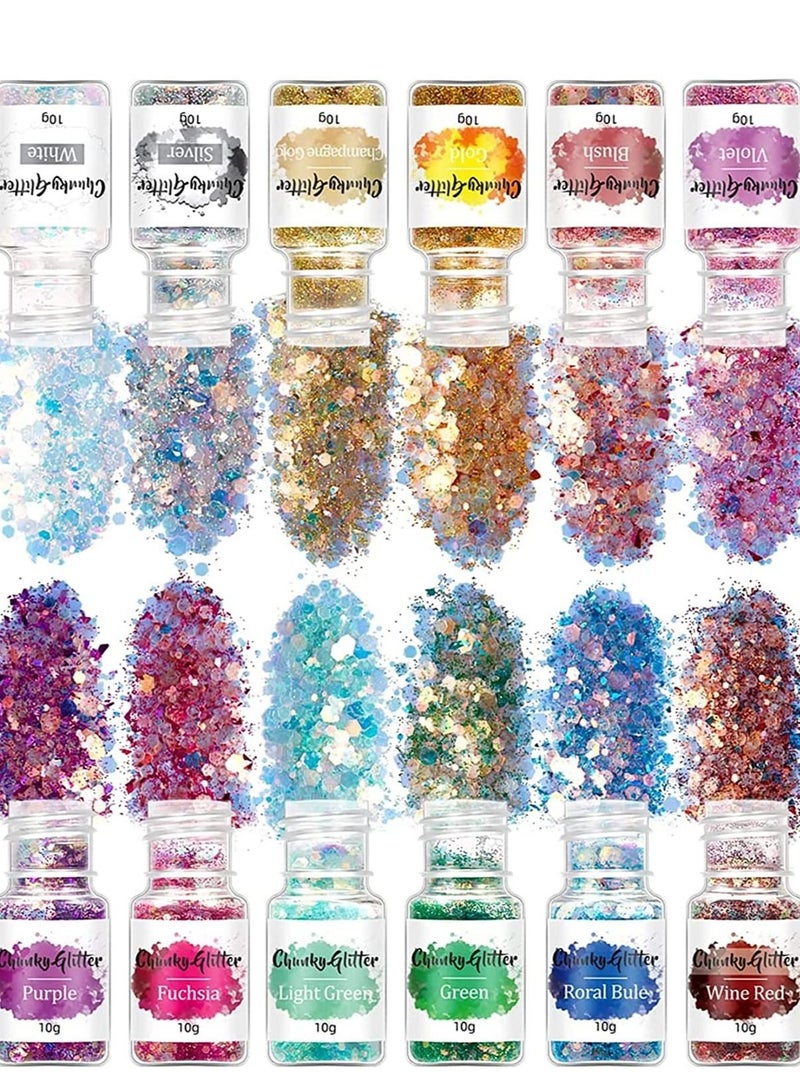 Holographic Chunky Glitter, 12 Color Mixology Craft Powder for Epoxy Resin /Tumblers /Slime, Sequins Festival Decor, Fine for Face Body Eye Hair Nail