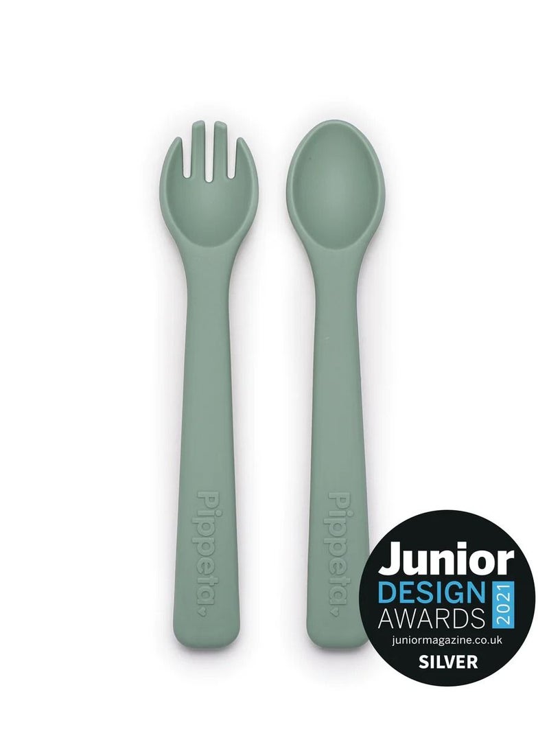 Pippeta Silicone Spoon And Fork For Baby - Meadow Green