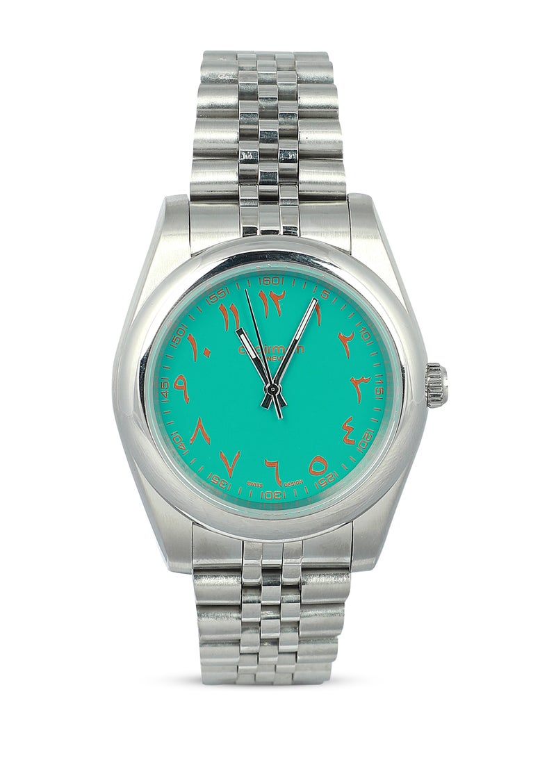 Men's Stainless Steel Wrist Watch with Turquoise Dial and Arabic Numbers