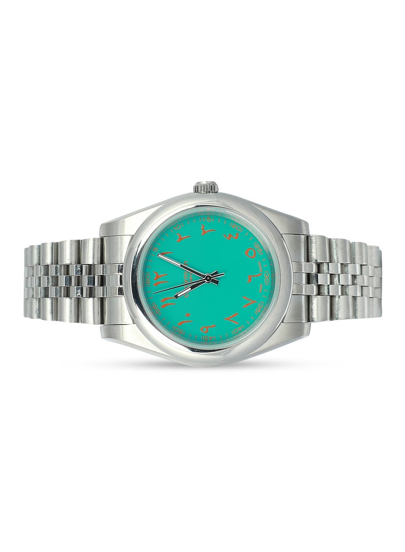 Men's Stainless Steel Wrist Watch with Turquoise Dial and Arabic Numbers