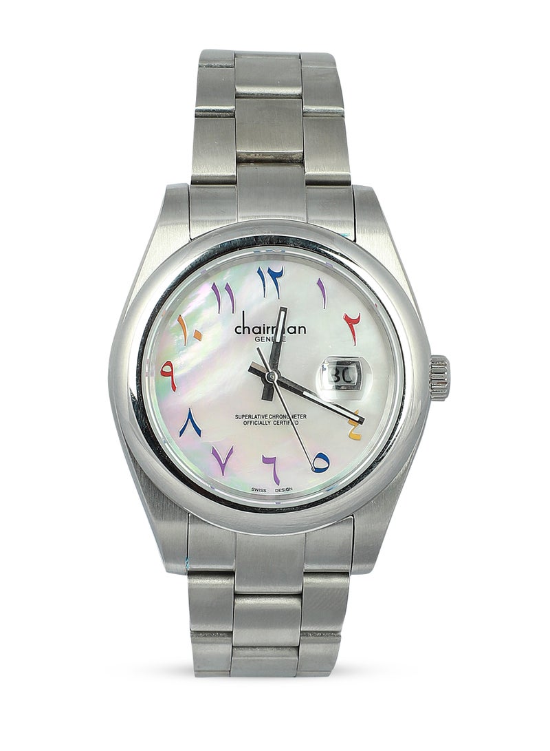 Men's Stainless Steel Wrist Watch with White Dial and Colorful Arabic Numbers with Date