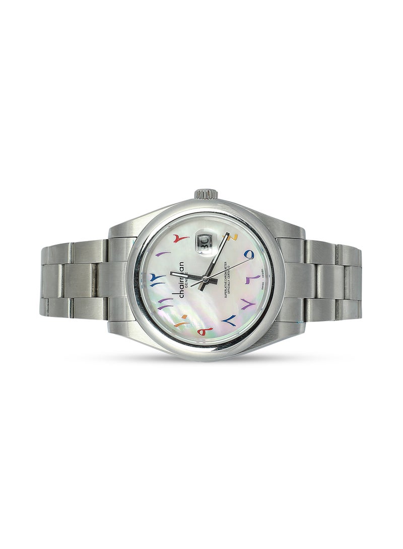 Men's Stainless Steel Wrist Watch with White Dial and Colorful Arabic Numbers with Date