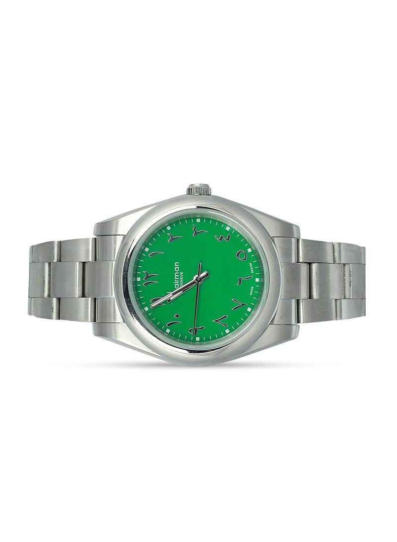 Men's Stainless Steel Silver Wrist Watch with Green Dial and Arabic Numbers