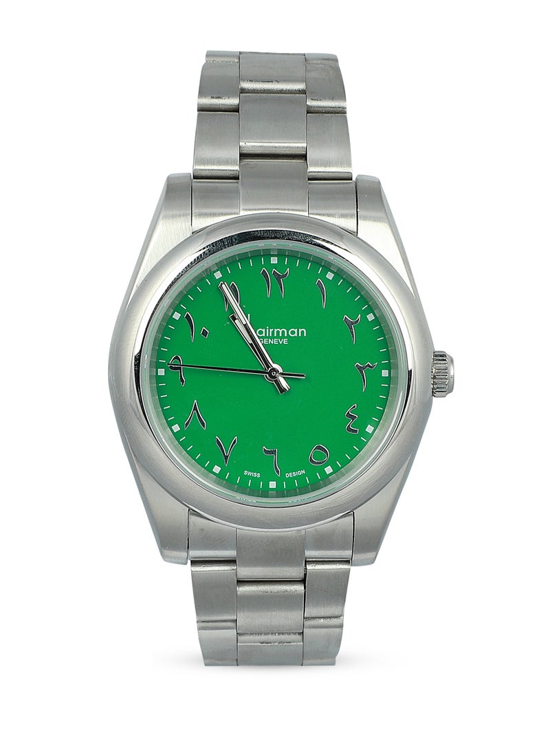 Men's Stainless Steel Silver Wrist Watch with Green Dial and Arabic Numbers