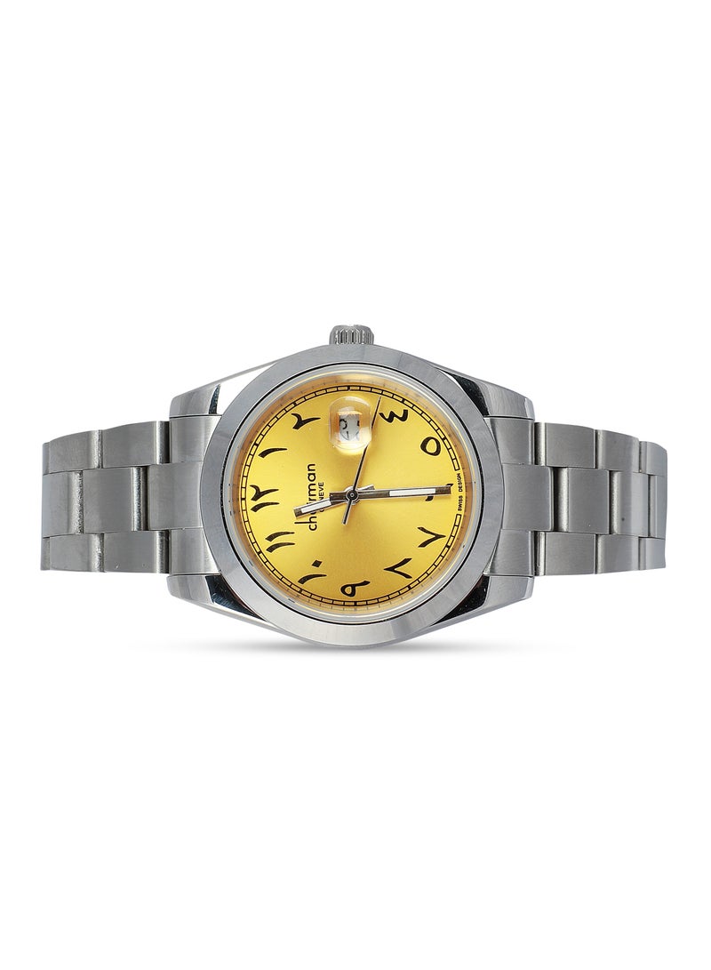 Men's Stainless Steel Wrist Watch with Yellow Dial and Arabic Numbers