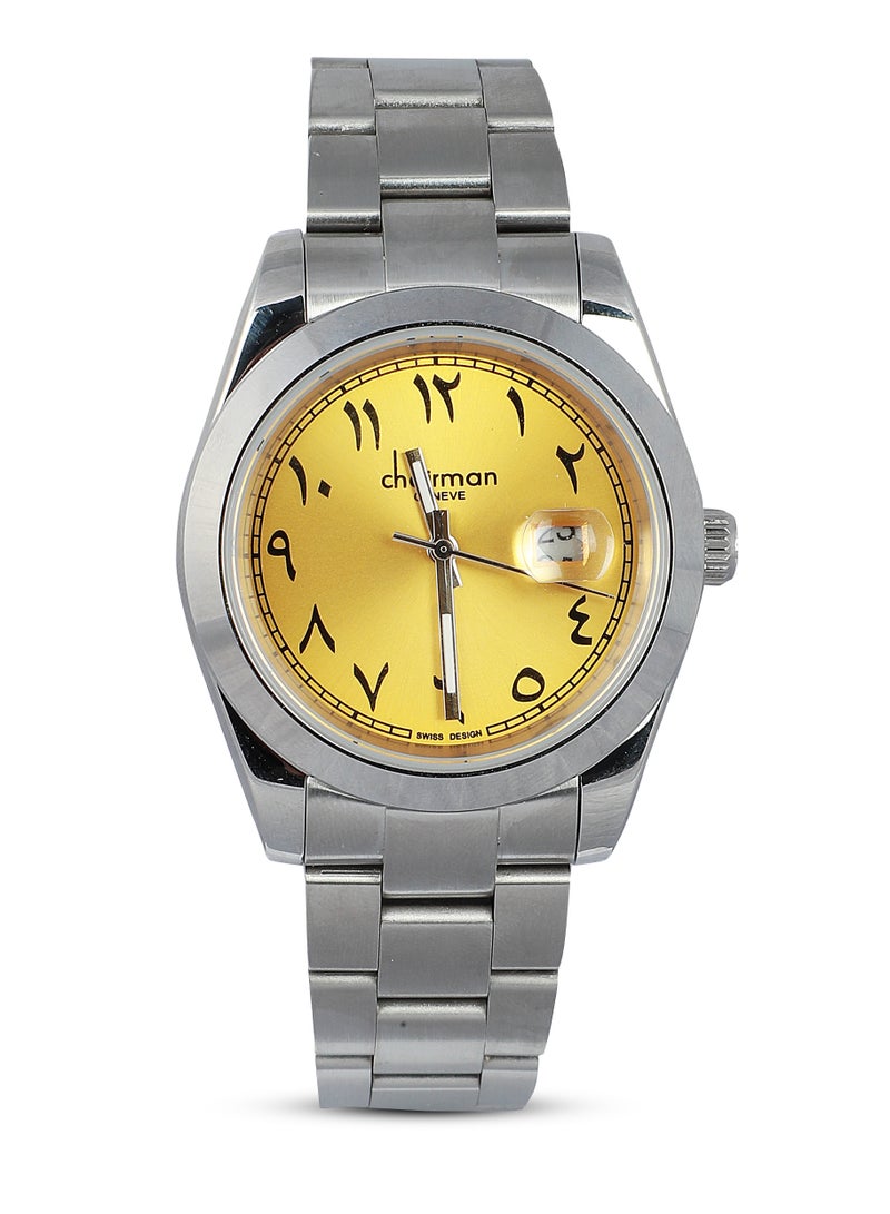 Men's Stainless Steel Wrist Watch with Yellow Dial and Arabic Numbers