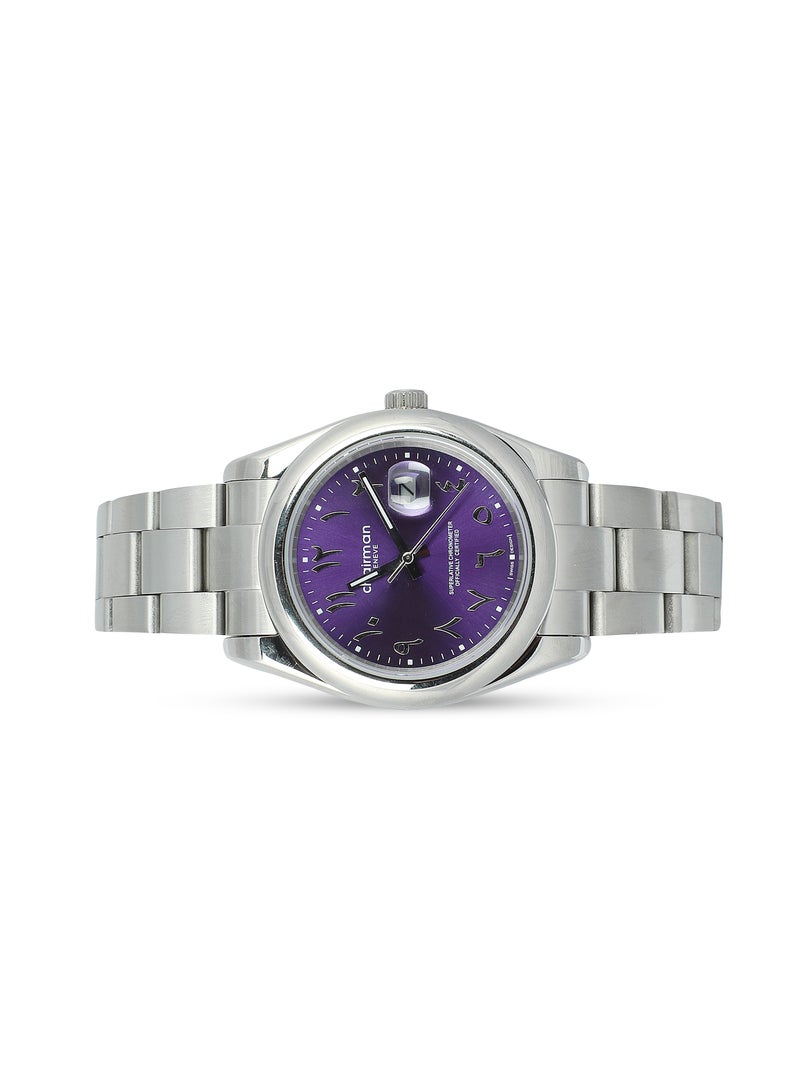 Men's Stainless Steel Wrist Watch with Purple Dial with Arabic Dial and Date