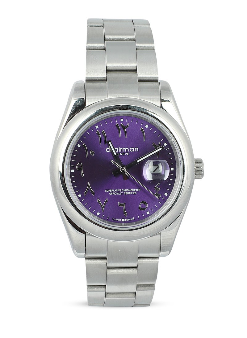 Men's Stainless Steel Wrist Watch with Purple Dial with Arabic Dial and Date