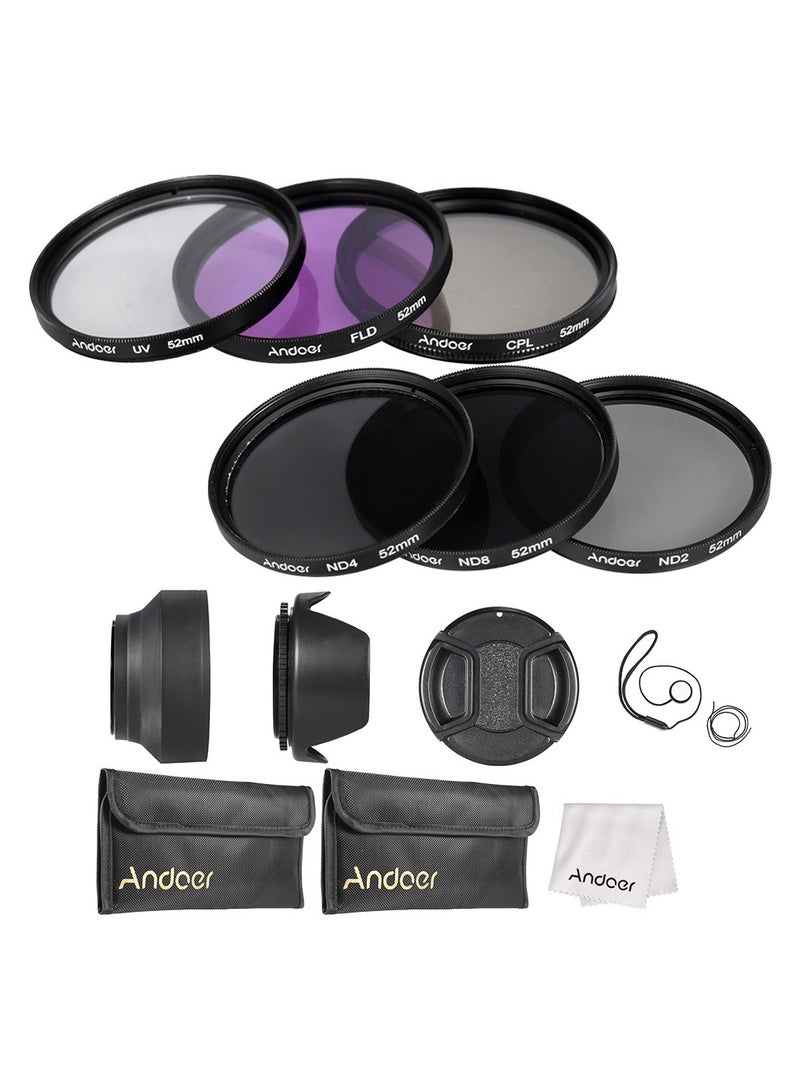 Andoer 52mm Lens Filter Kit UV+CPL+FLD+ND(ND2 ND4 ND8) with Carry Pouch / Lens Cap / Lens Cap Holder / Tulip & Rubber Lens Hoods / Cleaning Cloth