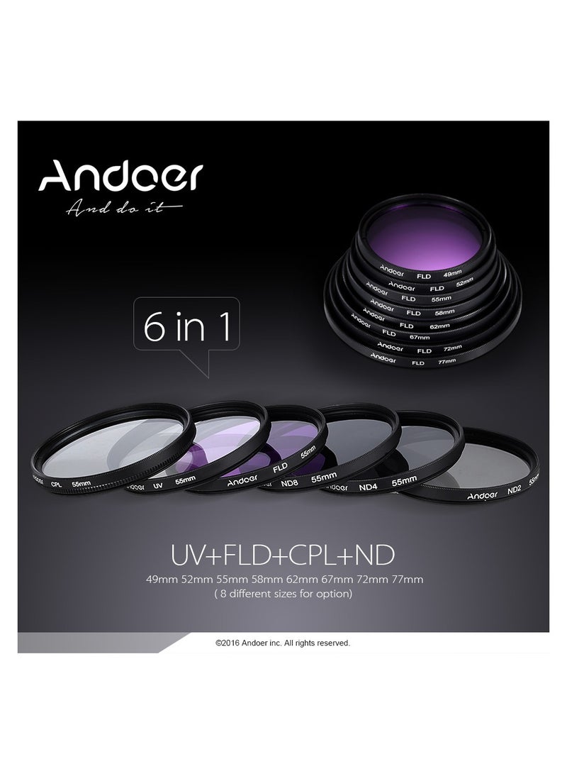 Andoer 52mm Lens Filter Kit UV+CPL+FLD+ND(ND2 ND4 ND8) with Carry Pouch / Lens Cap / Lens Cap Holder / Tulip & Rubber Lens Hoods / Cleaning Cloth