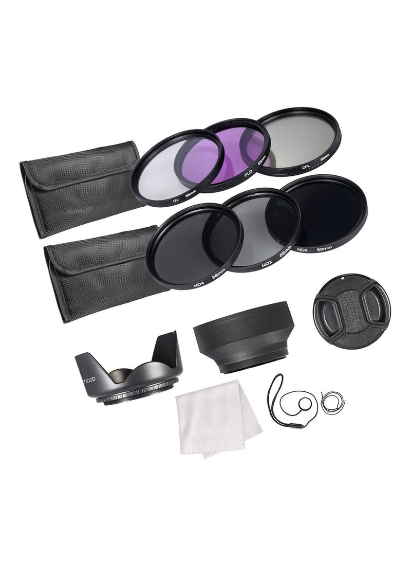 58mm Lens Filter Kit UV+CPL+FLD+ND(ND2 ND4 ND8) with Carry Pouch / Lens Cap / Lens Cap Holder / Tulip & Rubber Lens Hoods / Cleaning Cloth