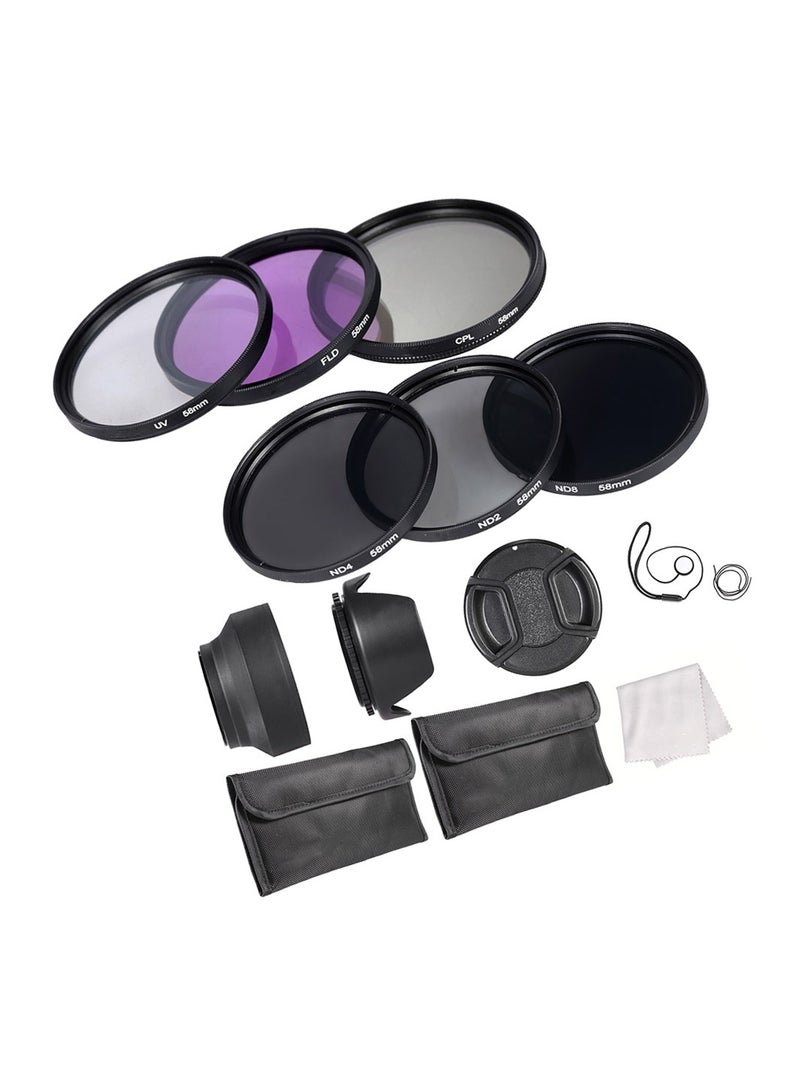 58mm Lens Filter Kit UV+CPL+FLD+ND(ND2 ND4 ND8) with Carry Pouch / Lens Cap / Lens Cap Holder / Tulip & Rubber Lens Hoods / Cleaning Cloth