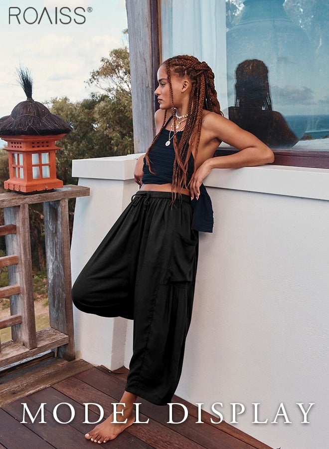 Women's Wide Leg Pants High Waisted Elastic Drawstring Casual Yoga Pants With Pockets