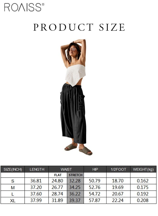 Women's Wide Leg Pants High Waisted Elastic Drawstring Casual Yoga Pants With Pockets