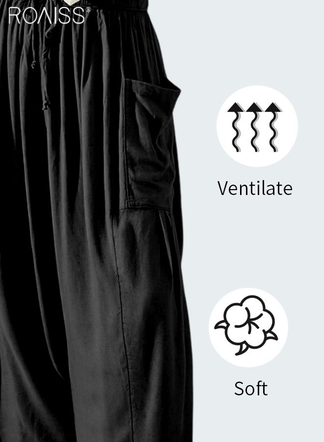 Women's Wide Leg Pants High Waisted Elastic Drawstring Casual Yoga Pants With Pockets
