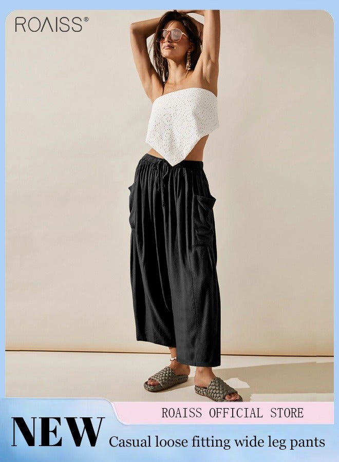 Women's Wide Leg Pants High Waisted Elastic Drawstring Casual Yoga Pants With Pockets