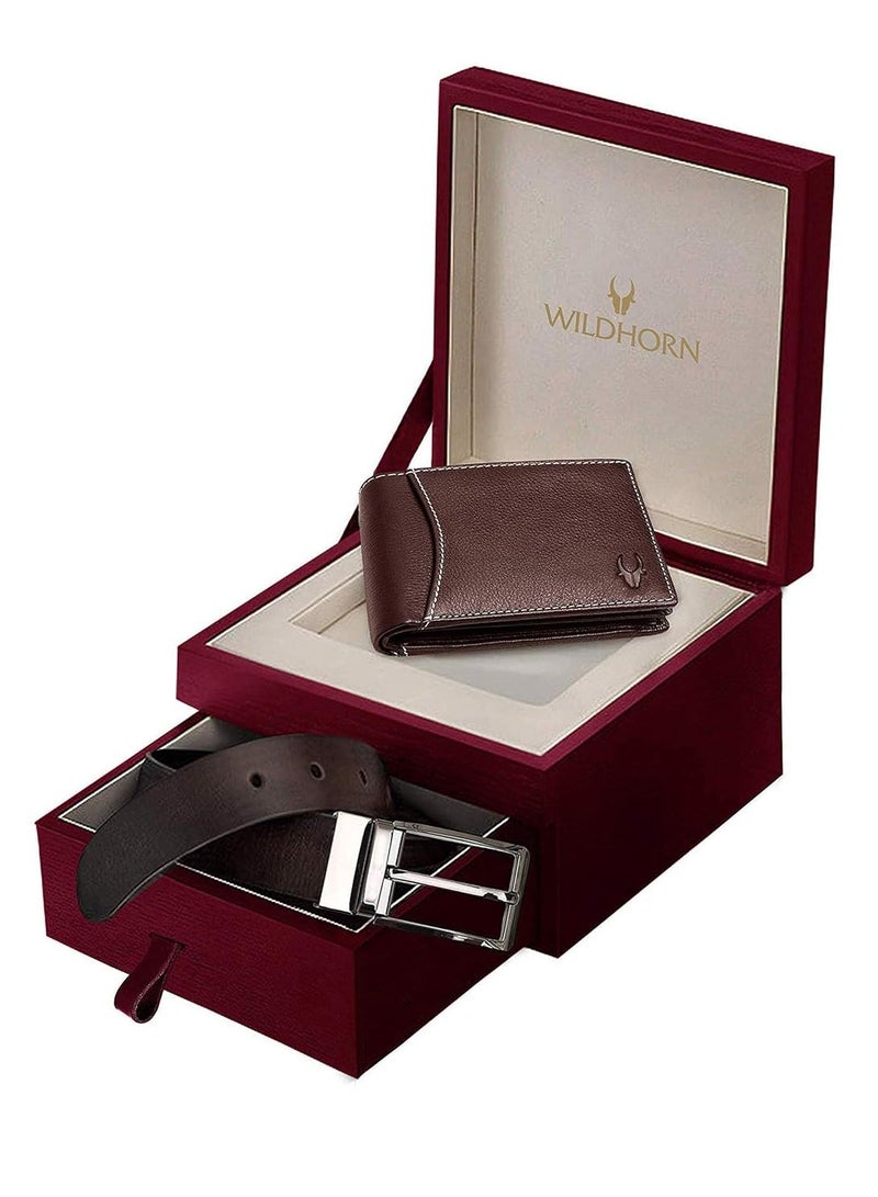 WildHorn Men's Classic Leather Wallet and Belt Combo Brown