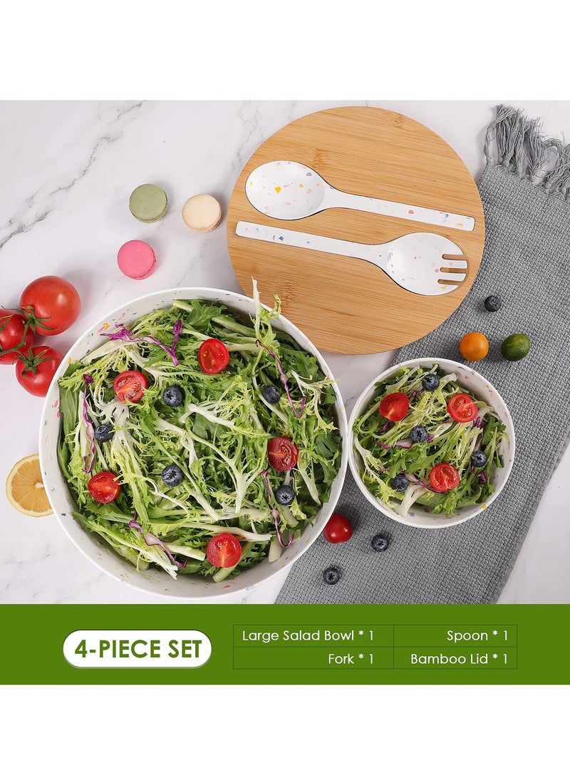 Large Mixing Bowl with Servers Set of 4 – Accessories Kitchen Pantry Ware Multi Purpose,Salad Serveware with Bamboo Lid and Spoon, Bamboo Fiber White Bowl