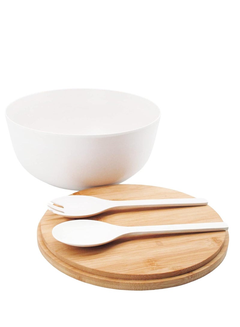 Large Mixing Bowl with Servers Set of 4 – Accessories Kitchen Pantry Ware Multi Purpose,Salad Serveware with Bamboo Lid and Spoon, Bamboo Fiber White Bowl