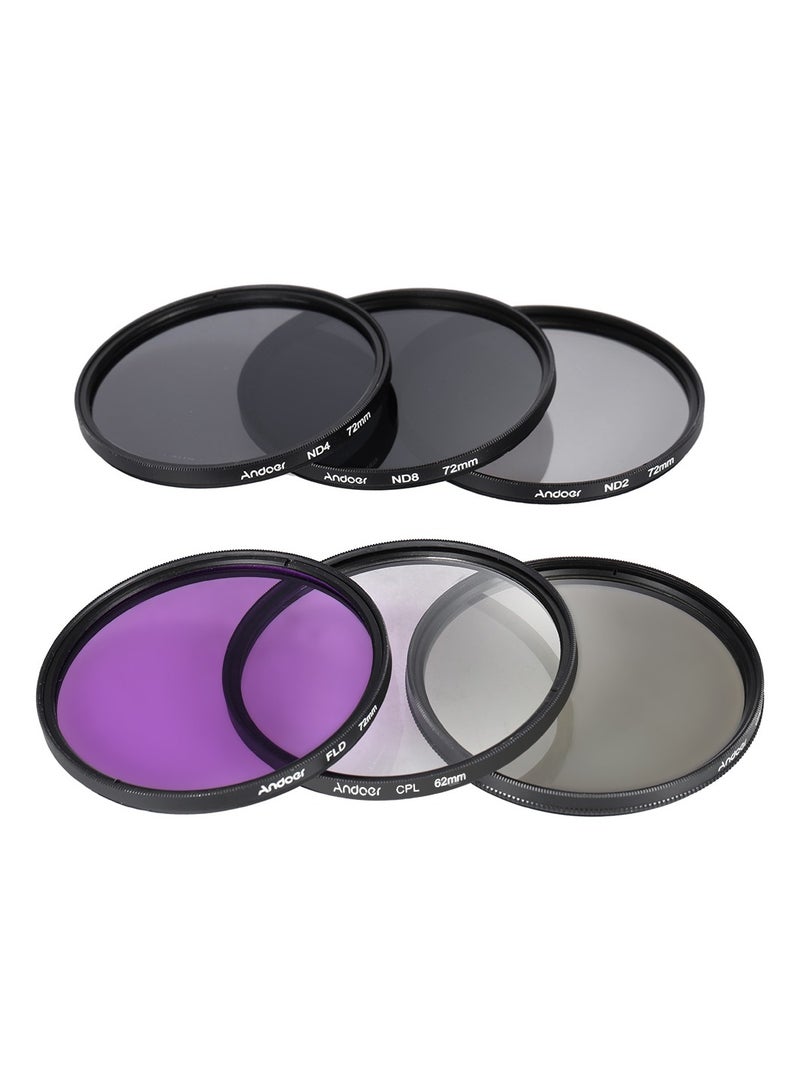 Andoer 72mm Lens Filter Kit UV+CPL+FLD+ND(ND2 ND4 ND8) with Carry Pouch / Lens Cap / Lens Cap Holder / Tulip & Rubber Lens Hoods / Cleaning Cloth