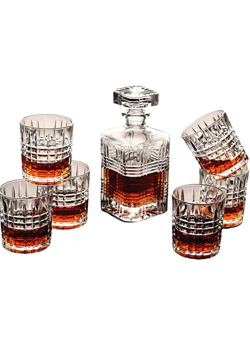Whiskey Decanter Set with ，Classical Italian Crafted Crystal Whiskey Carafe，Non-Lead Whiskey Dispenser，for Scotch,Bourbon, Cognac (1 Decanter & 6 Glasses Set)
