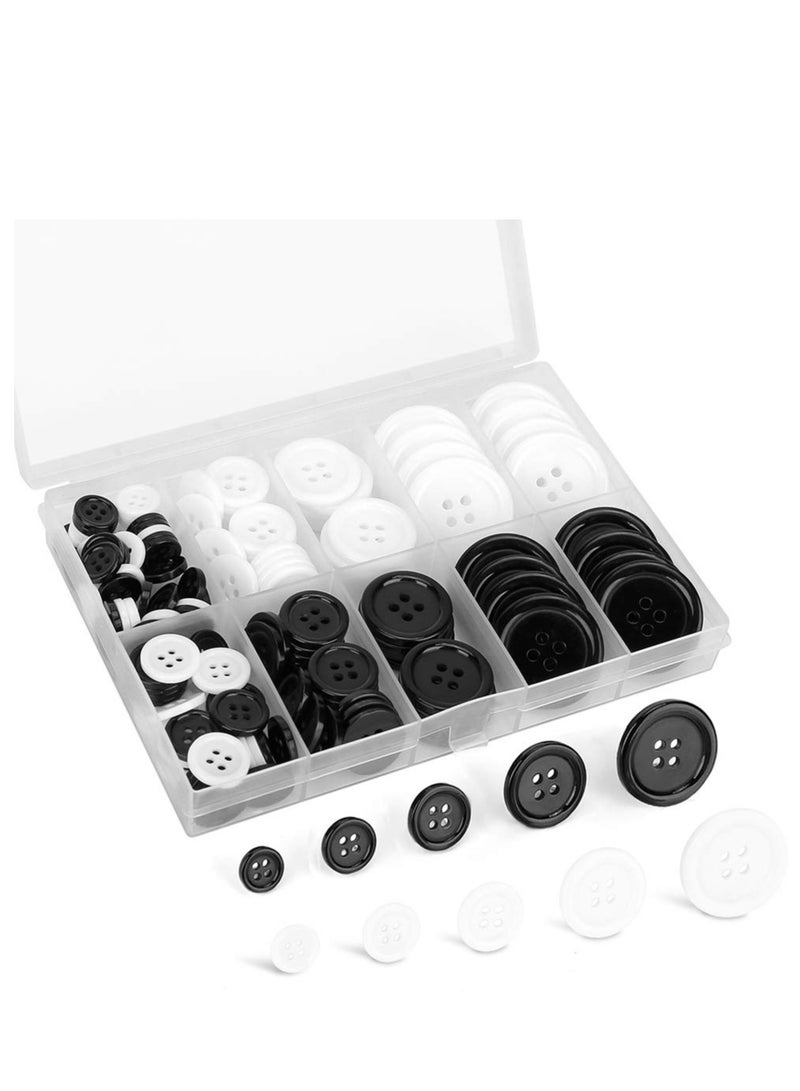 Mixed Sewing Buttons 160Pcs Round Black 4-Hole Craft Buttons 5 Sizes White Resin Button with Separate Compartment Storage Box Suitable for Sewing DIY Craft Projects