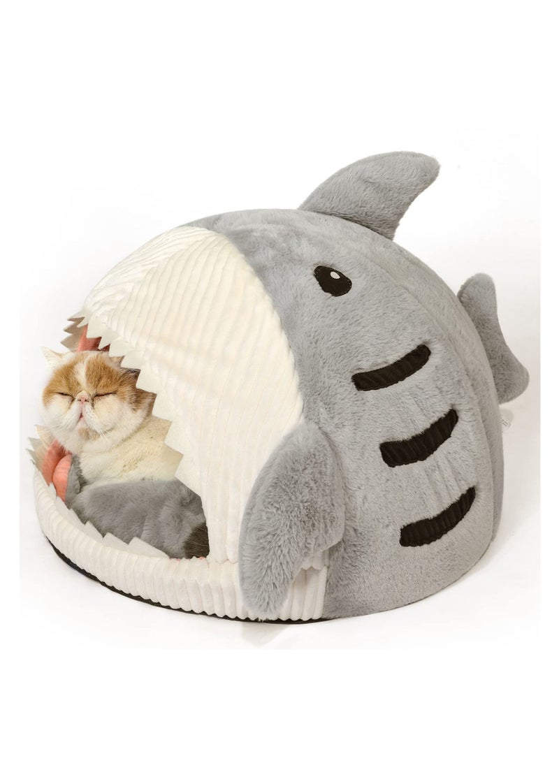 Indoor Shark-Shaped Warm Cat Cave with Removable Washable Pillow,Grey, L.