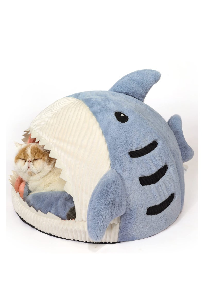 Indoor Shark-Shaped Warm Cat Cave with Removable Washable Pillow, Blue, L.